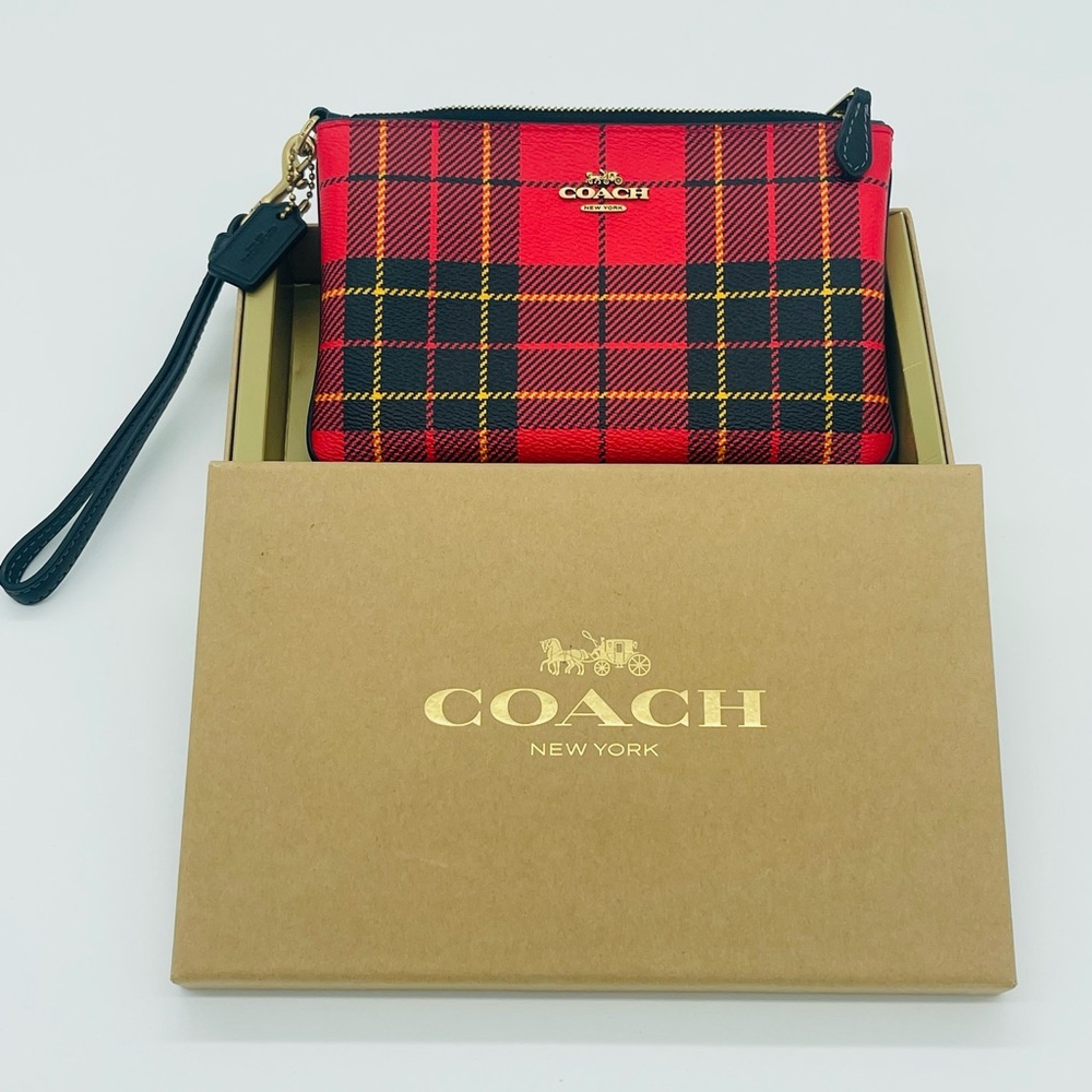 Coach Novelty Plaid Print Wristlet w/ Box Brass